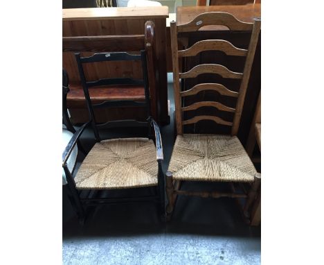 Two ladder back rocking bedroom chairs with wicker seats, one black painted (2)