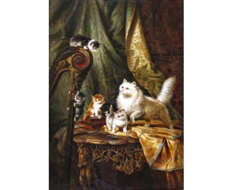 Circle of Henrietta Ronner-Knip A cat and kittens with a harp Signed and dated indistinctly Oil on board 40 x 28cm; 16 x 11in