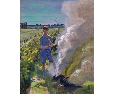 ‡ Stephen Bone NEAC (1904-1958) Quentin Bone at a bonfire Oil on board 49 x 39cm; 19¼ x 15½in Provenance: The Fine Art Societ