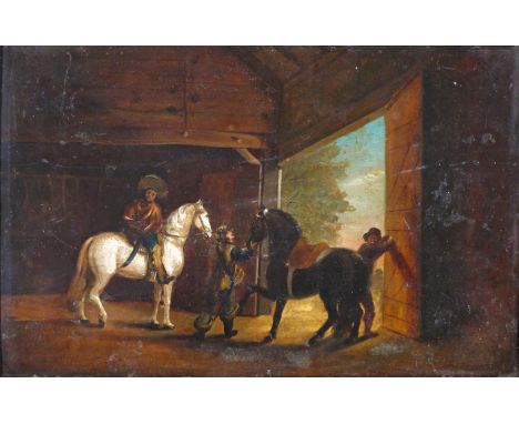 Mexican School 19th Century Figures and horses in a stable Oil on copper 28 x 43cm; 11 x 17in ++Copper lightly bowed/rippled,