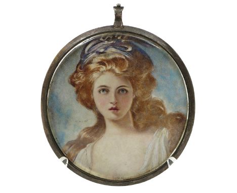 &lambda;&nbsp;After George Romney Emma Hart, later Lady Hamilton, as Circe Circular, in a silver frame 90mm ++One or two mino