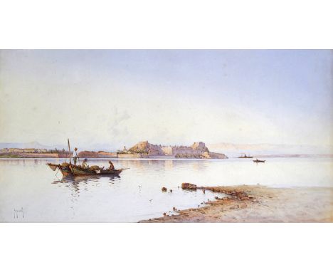Spyridon Scarvelli (Greek 1868-1942) Fishermen, Corfu Signed Watercolour  33 x 61cm; 13 x 24in ++A few light fox marks in the