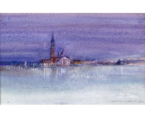 ‡ Ian Armour-Chelu (1928-2000) Night coming, lights across the water Signed and dated 1983, also titled on mount and on artis