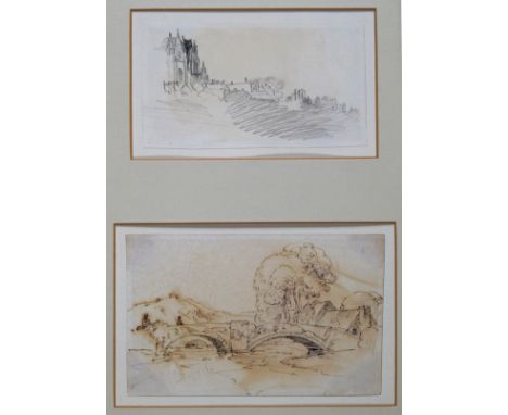 Peter de Wint O.W.S. (1784-1849) Manor house in a landscape; Bridge over a river Two, one pencil and one pen and ink, framed 