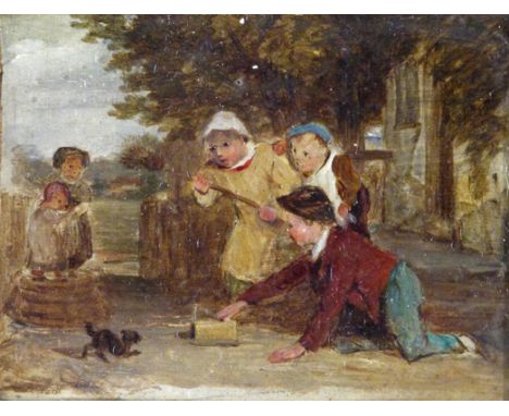 Thomas Webster R.A. (1800-1886) Children playing with a mousetrap Signed, titled and dated May 7th, 1874 verso Oil on panel 1
