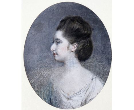 Hugh Douglas Hamilton (Irish c.1739-1808) Portrait of a lady, bust length, in profile, wearing white Pastel, oval 21 x 17.25c