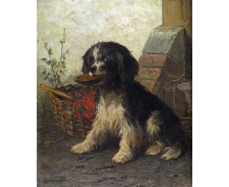 Conradyn Cunaeus (Dutch 1828-1895) A black and white terrier by a basket Signed Oil on panel, unframed 34 x 28.5cm; 13½ x 11¼