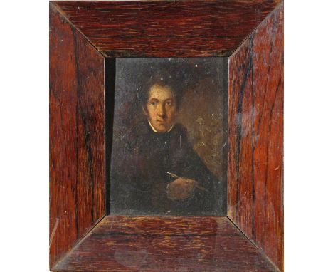 English School 19th Century  A gentleman, wearing brown, holding a pen Oil on copper in a rosewood frame 115 x 83mm ++Some li