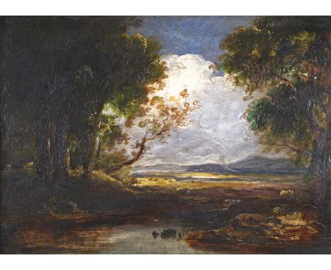 The Rev. John Thompson of Duddingston (1778-1840) A wooded lakeland scene Oil on panel 34 x 48cm; 13½ x 19in ++Some very fine