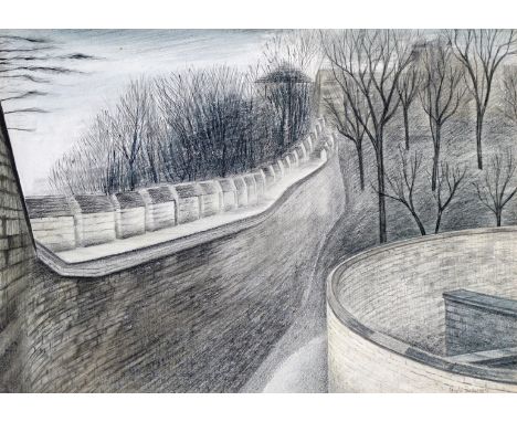 ‡ Hugh Robinson (20th Century) Lincoln Castle Keep from the Watchtower Signed Pen and ink with chalk and wash 34x 47cm; 13¼ x
