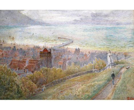 Harry Goodwin (c.1840-1925) Hastings with the West Hill lighthouse and a church tower Signed with a monogram and dated 1914 W