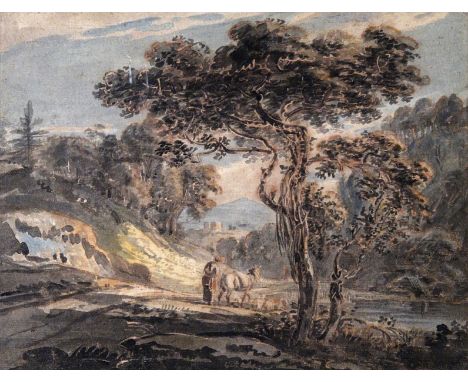 Paul Sandby R.A. (1725-1809) A woman and horse on a track with a distant castle Watercolour with stopping out 25 x 32cm; 10 x