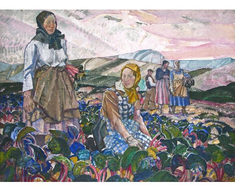 ‡ Gerald Edward Moira V.P.R.O.I., R.W.S. (1867-1959) Rhubarb harvest Signed and dated 1932 Oil on board 92 x 122cm; 36 x 48in