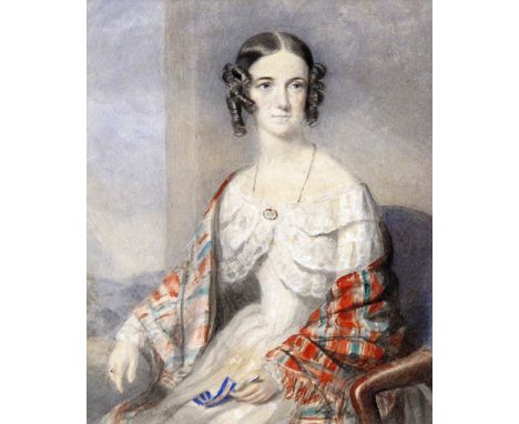 English School 19th Century A lady in a striped shawl, seated  Watercolour over pencil 19.5 x 16cm; 78 x 6½in ++Some discolou