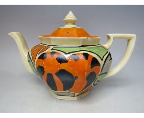 A CLARICE CLIFF BIZARRE ATHENS TEAPOT, hand decorated, printed backstamp, H 17 cm, A/F Condition Report:There are various chi