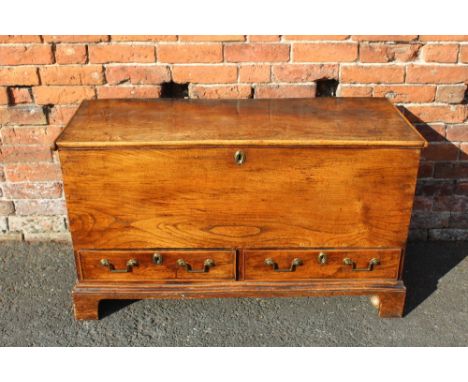 A 19TH CENTURY MULE CHEST, with traditional hinged lid raised on bracket feet, H 67 cm, W 115 cm