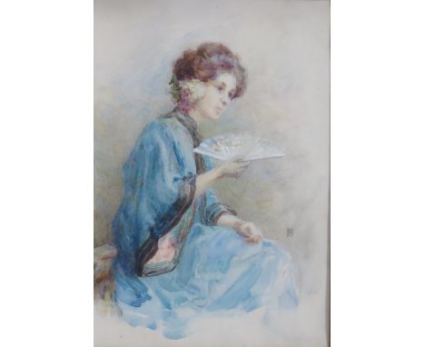L.M. (XIX-XX). A portrait study of a seated young lady in a kimono and holding a fan, with monogram middle to lower right, wa