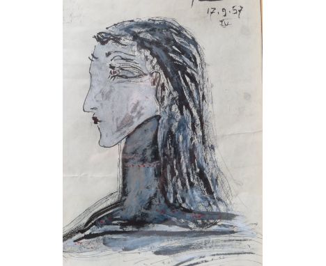 AFTER PABLO RUIZ PICASSO (1881-1973). A modernist figure study, bears signature and date 1957 upper right, mixed media on pap