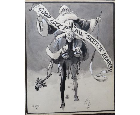 JOHN HASSALL (168-1948). A monotone illustration with a jester carrying Father Christmas 'Good Luck To All Sketch Readers', s