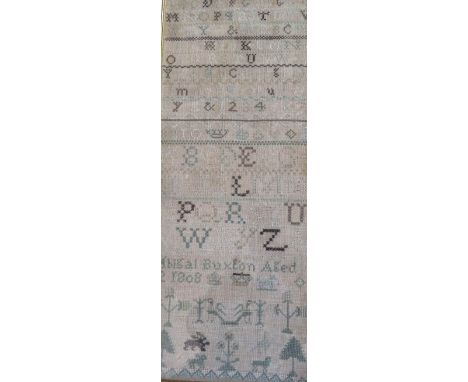 A GEORGE III NEEDLEWORK SAMPLER, by Abigail Buxton, aged 12, 1808, framed and glazed, 53 x 20 cm