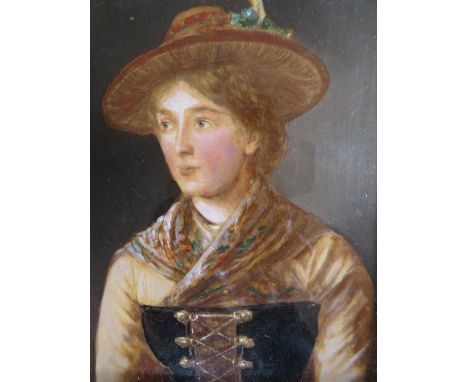 (XIX). Portrait study of a continental woman with feathered hat, unsigned, mixed media on panel, framed and glazed, 13 x 9 cm