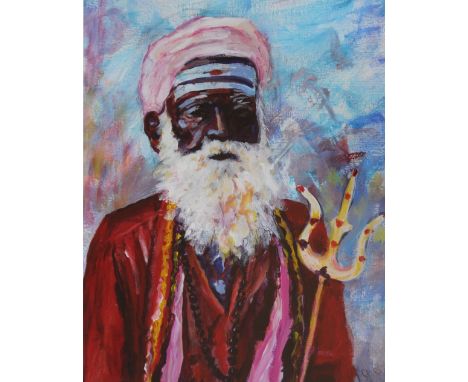 J. STOREY (XX). Portrait study of a bearded Eastern gentleman holding a trident, signed lower right, oil on canvas laid on bo