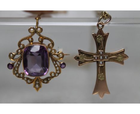 AN EDWARDIAN STYLE 9 CT GOLD AMETHYST AND SEED PEARL BROOCH, H 3.2 cm, together with an early 20th century yellow metal and s