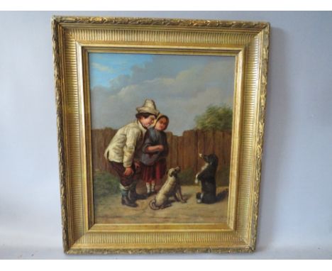 (XIX). A study of two children and two dogs by a fence, the one dog holding a pipe in its mouth, signed lower right, oil on p