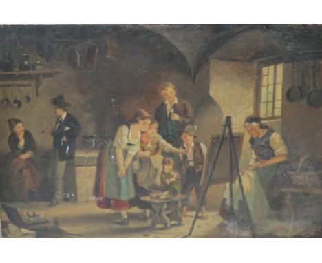 (XIX). An interior scene with figures, some of them admiring a painting on an easel, unsigned, oil on panel unframed, 18 x 27
