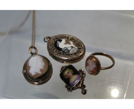 A 9CT GOLD AND CAMEO DRESS RING, ring size K, together with a gilt framed cameo pendant and chain, a small portrait brooch in