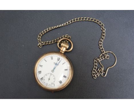 A VERTEX OPEN FACED MANUAL WIND GOLD PLATED POCKET WATCH, on silver plated chain, Dia 5 cm Condition Report:ticks on winding 