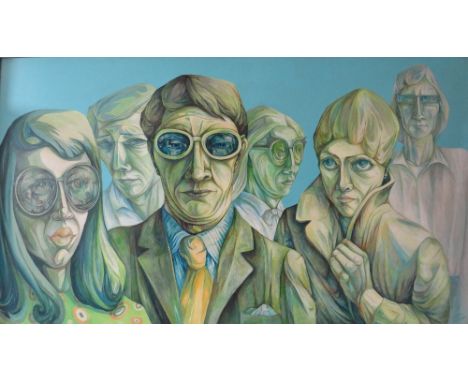 CYNTHIA LIGHT (XX). Mid 20th century retro / modernist figure study 'Crowd, Cross Section II', see verso, signed lower right,