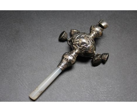 A 925 SILVER BABY'S RATTLE, with four bells, whistle and mother of pearl handle, L 10cm