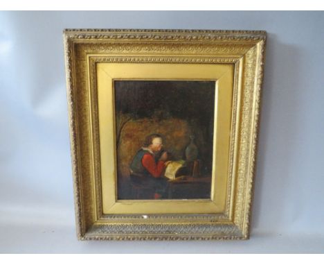 (XIX). A study of a seated gentleman at a table, smoking a pipe and reading a paper, unsigned, oil on panel, framed, 26 x 21 