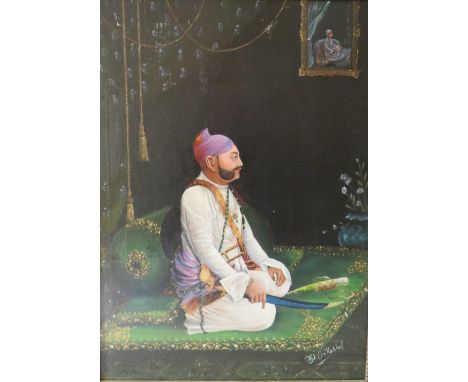 P. On KARLAL (XIX-XX). Indian school, portrait study of a nobleman kneeling on a mat and holding a sword, signed lower right,
