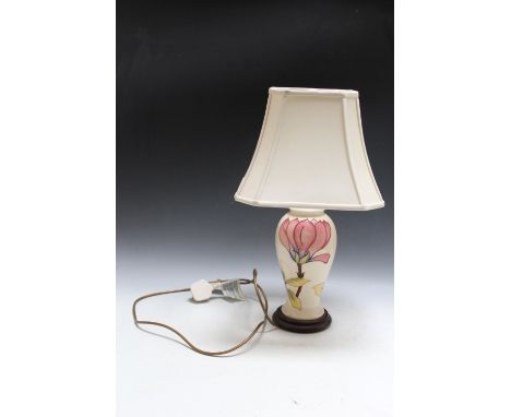 A TALL MOORCROFT MAGNOLIA PATTERN LAMP, H 37.5 cm not inc shade