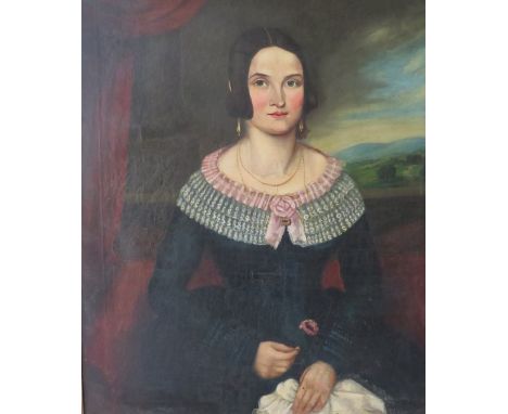 (XIX). A portrait study of a seated lady in black dress with white lace collar, landscape beyond. Unsigned, oil on canvas, fr