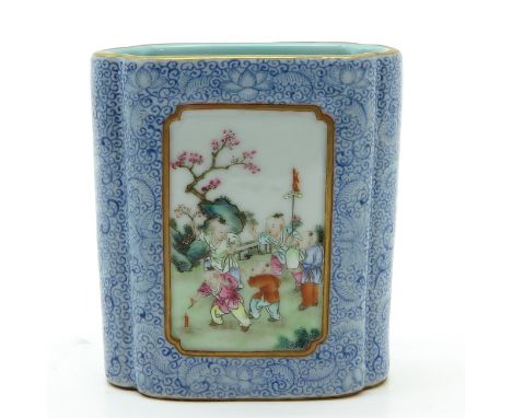 Blue sgraffito ground with scene in polychrome of gathering of Chinese boys in garden on both sides of vase, marked on bottom