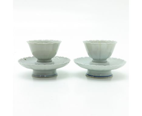 Lotus decor, marked with double ring and 6 characters, cups are 8 cm. in diameter.