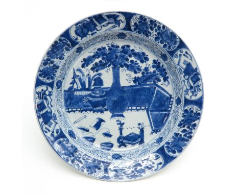 Depicting scene with flowers in vases and Chinese valuables on border, marked on bottom with double ring and Lozenge.