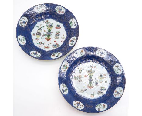 Depicting flowers in vases with Chinese valuables, 40 cm. in diameter, marked on bottom with double ring and Lozenge.