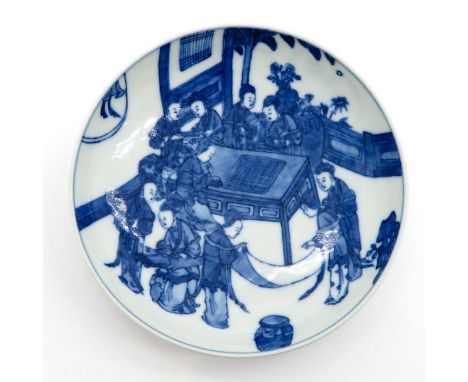 Depicting Chinese women gathering around table, marked with double ring and 6 characters, 15 cm. in diameter.