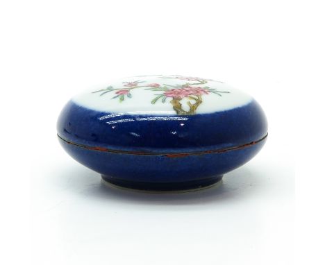 Powder blue ring with Famill Rose enamel flowers, marked on bottom with 6 characters, 6 cm. in diameter, box has been sealed.