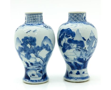 Landscape decor, marked on bottom with double ring, 22 cm. tall, hairline.