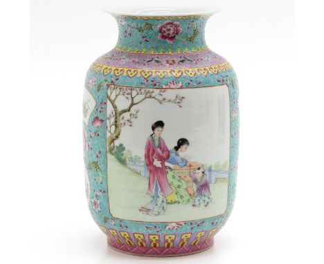 Light blue ground with Famille Rose enamels, depicting Chinese ladies with boy in garden, floral background decor, marked on 