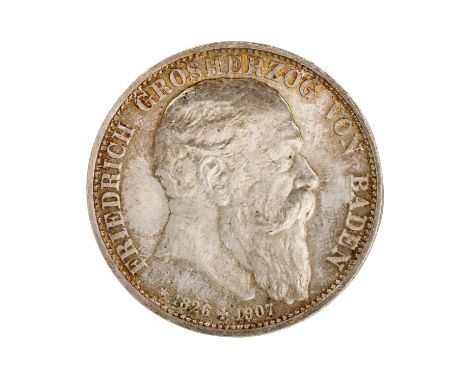 Dt. Kaiserreich /SILBER - Baden, Friedrich I. (1852-1907), 5 Mark 1907-G vz +, mit Tönung, ca. 27,8 g. Jaeger Nr. 33| German 