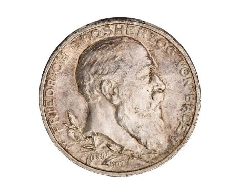 Dt. Kaiserreich /SILBER - Baden, Friedrich I. (1852-1907), 5 Mark 1902 zum 50-jährigen Regierungsjubiläum, ss - f. vz, ca. 27