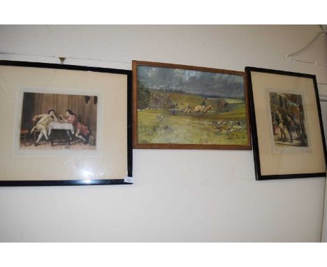A gentleman dining by W A Cox together a hunting scene and another print (3)