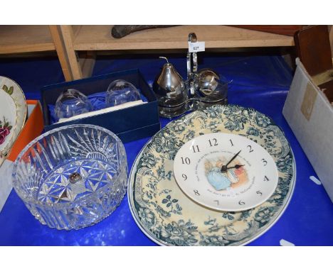 A Wedgwood Peter Rabbit wall clock together with two oval serving dishes, table cruet, brandy glasses etc