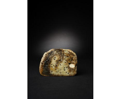 A CHINESE CARVED CELADON, GREY AND BROWN JADE PLAQUEYUAN/MING DYNASTYThe plaque of irregular oval form carved on both sides w